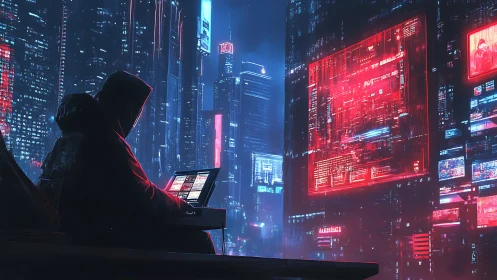 Hooded hacker on rooftop in neon cyberpunk city at night.