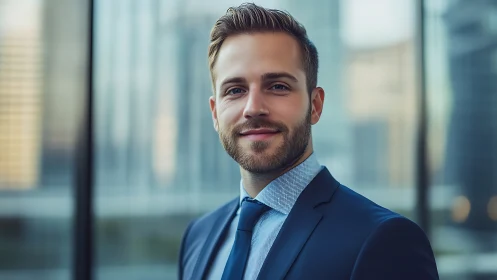 Corporate portrait with shallow depth, glass-façade skyline backdrop.