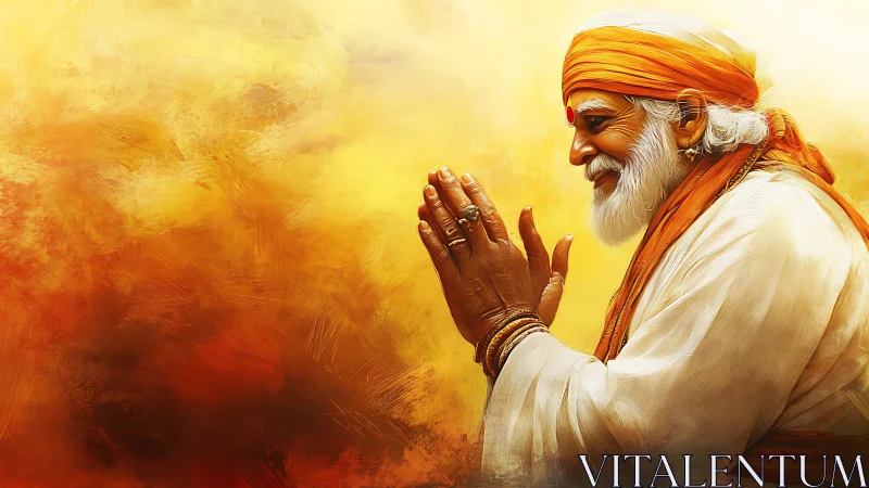 Warm-toned digital portrait of elderly guru in prayer profile