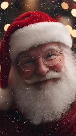 Cozy close-up of jolly Santa in softly glowing snowfall.