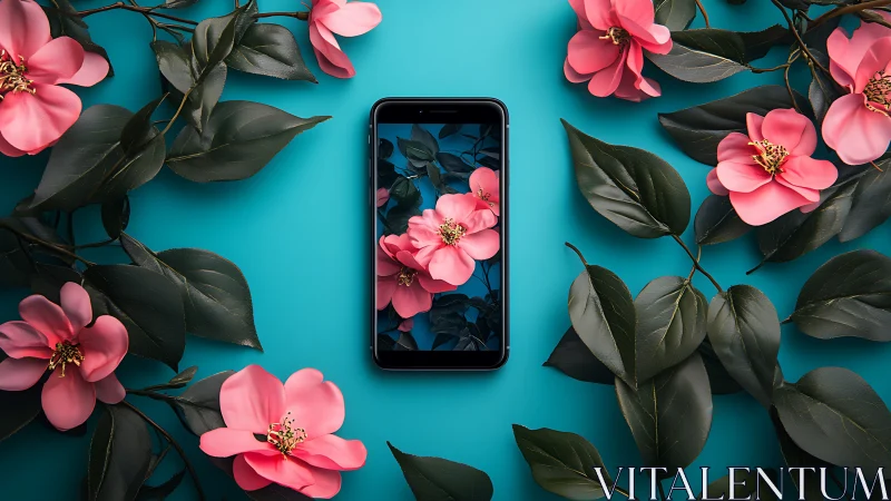 Pink Flowers and Smartphone on Turquoise Canvas.