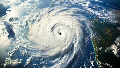 Photorealistic satellite view of spiraling hurricane system.