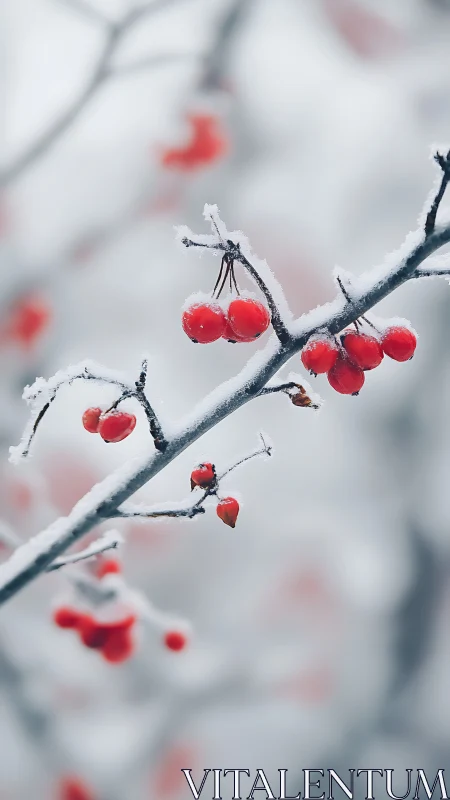 Frosted red berries on winter branch in soft bokeh field.