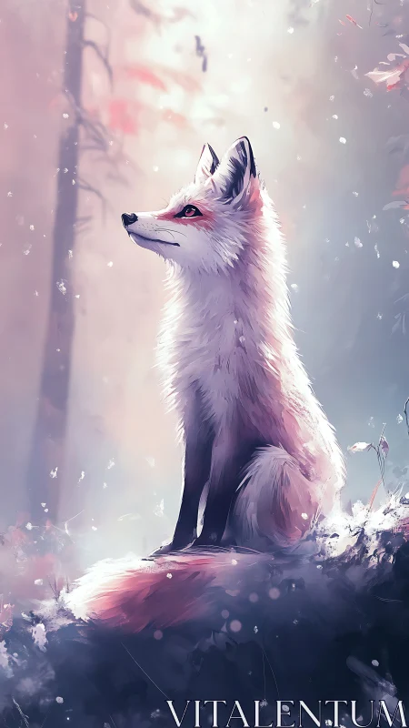 White fox sitting in soft pastel forest light scene.