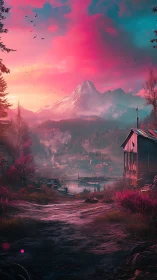 Digital painting of neon dusk valley with lakeside mountain cabin.