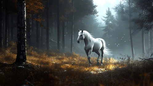 White horse in misty conifer forest with autumn groundcover.