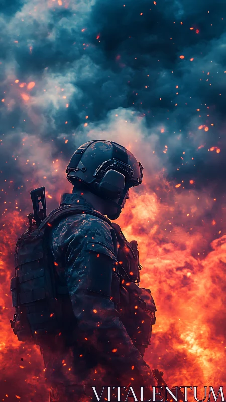Calm soldier silhouette framed by glowing fire and smoke.