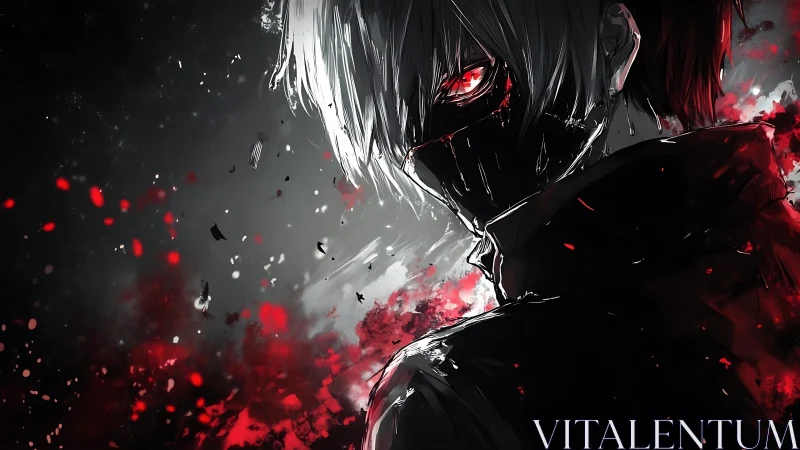 Masked crimson gaze carves through a storm of burning night