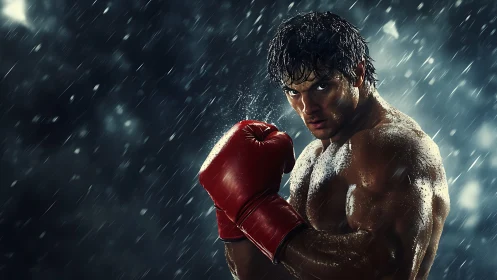 Athletic Boxer in Cinematic Rain Storm with Red Gloves.