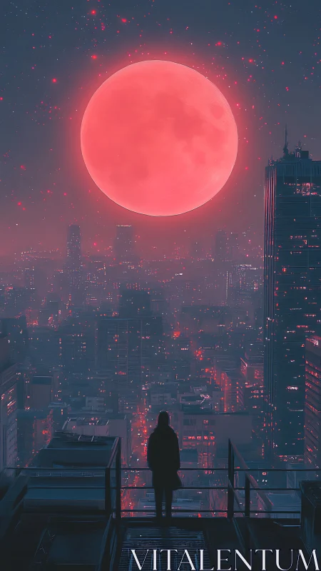 Solitary rooftop figure studies oversized red moon over city