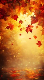 Golden autumn leaves drift gently above a glowing lake