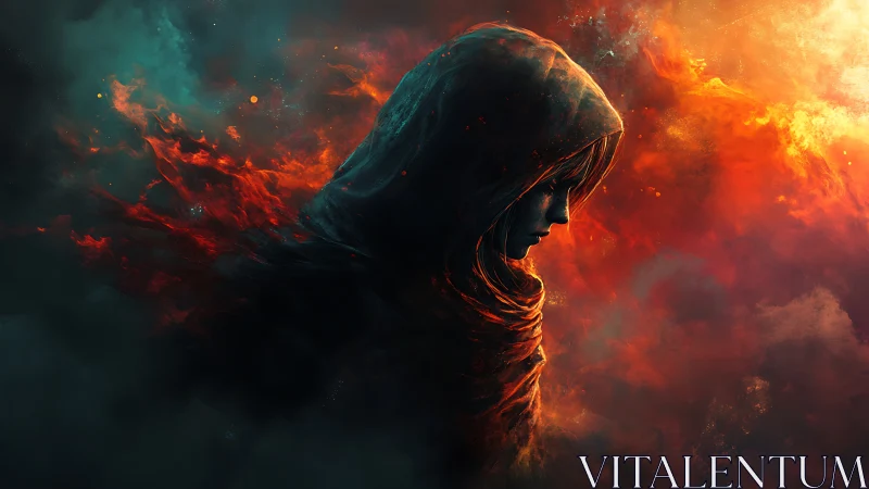 Hooded figure in swirling red and teal cosmic firestorm.
