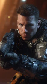 Battle-hardened space ranger steadies aim in molten glow