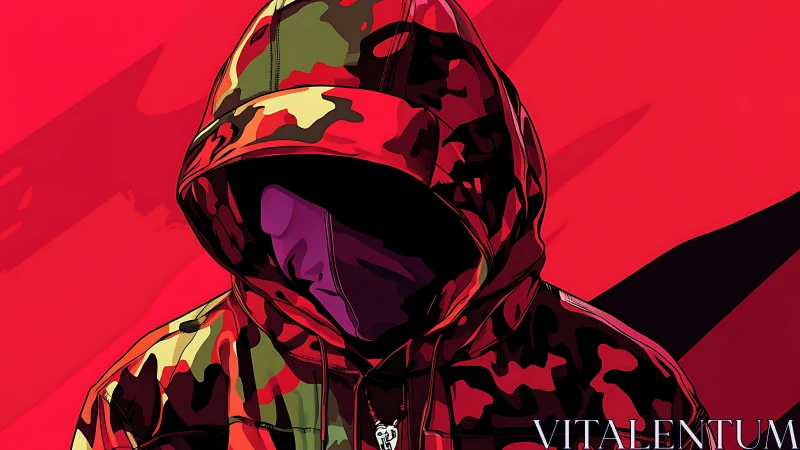 Hooded figure in red camouflage jacket on flat red field.