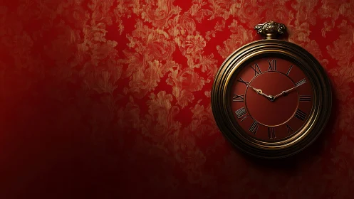 Baroque red wall clock in dramatic side-lit composition.