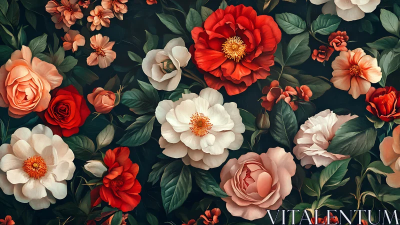 Floral composition with roses, peonies, and dahlias against dark background