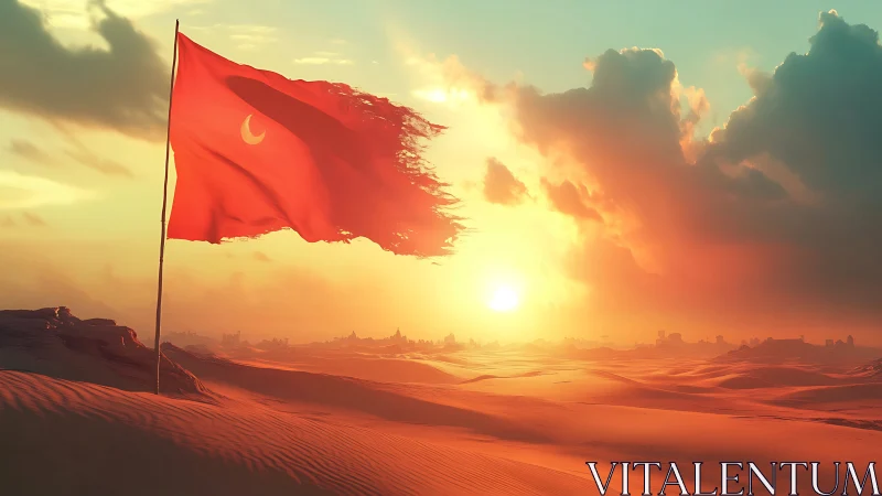 Red crescent flag over desert dunes at vivid sunset sky.