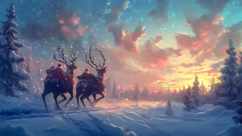 Reindeer cross a glowing winter forest at enchanted sunset