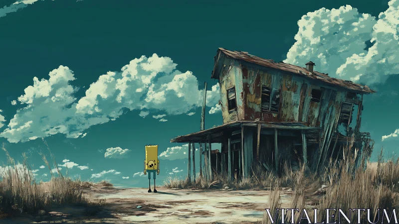 Lonely yellow robot pauses by a crooked abandoned farmhouse.