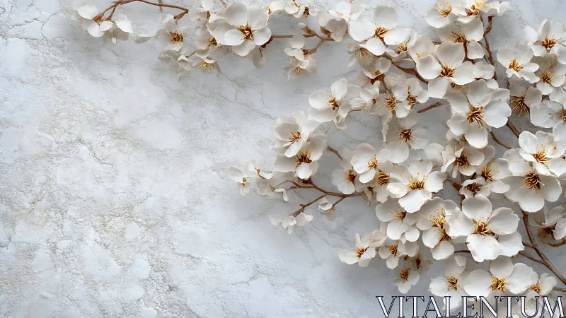 White blossoms on textured pale stone surface extend rightward