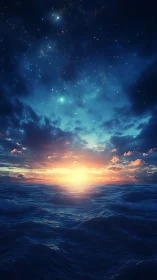 Gentle ocean sunrise under a dreamy, starry twilight sky.