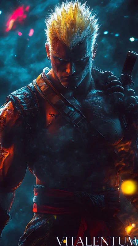 Cyber warrior emerges through embers and neon haze.