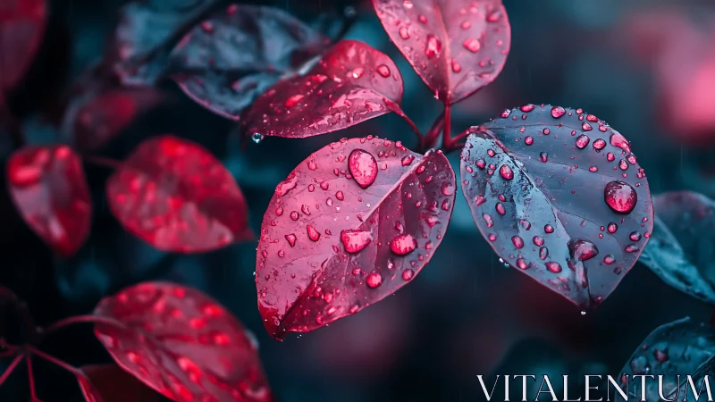 Glistening crimson leaves soaking in a quiet evening rain.
