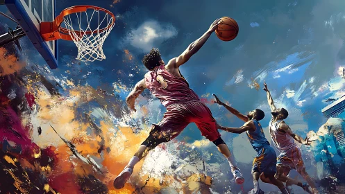 Skybound slam dunk erupts through swirling painted cosmos.