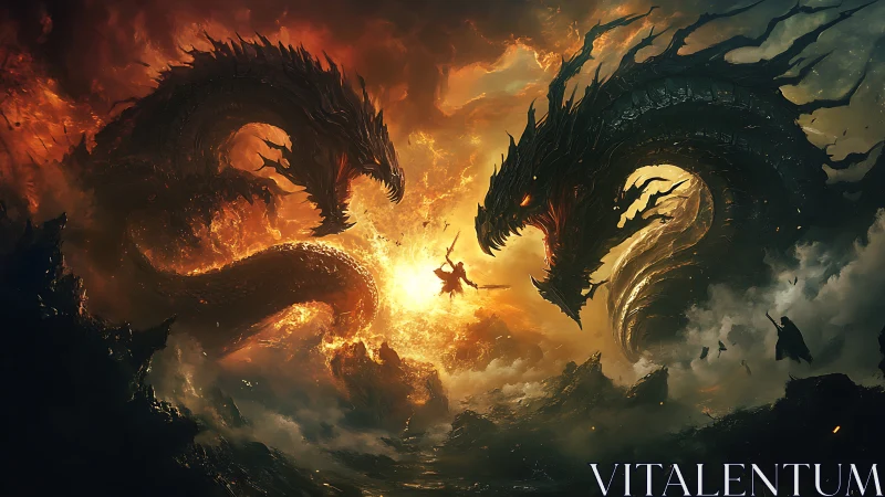 Firestorm dragon colossus encircle lone airborne warrior.