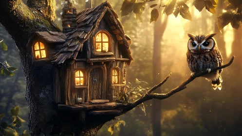 Fantasy owl and treehouse at golden forest twilight scene.
