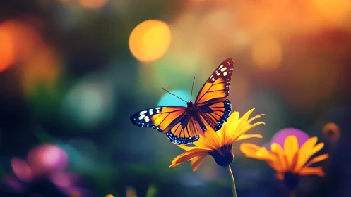 Sunlit butterfly pauses gently on glowing golden flower