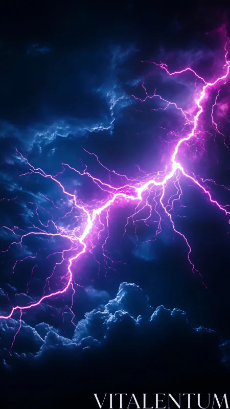 Vertical view of violet lightning across dense storm clouds.