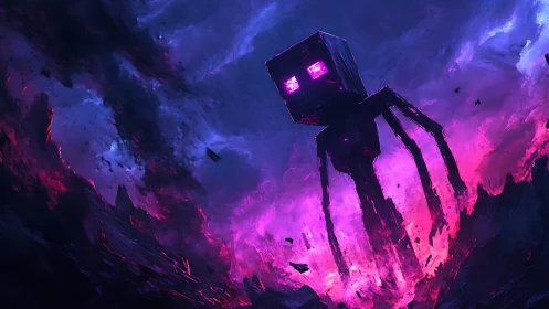 Giant blocky shadow creature over glowing purple chasm.