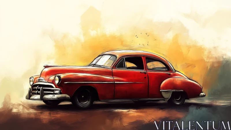 Vintage red sedan rendered in expressive digital brushwork.