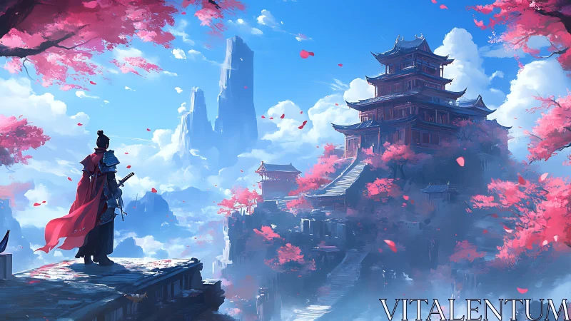 Samurai observes mountain temple amid dense pink blossoms