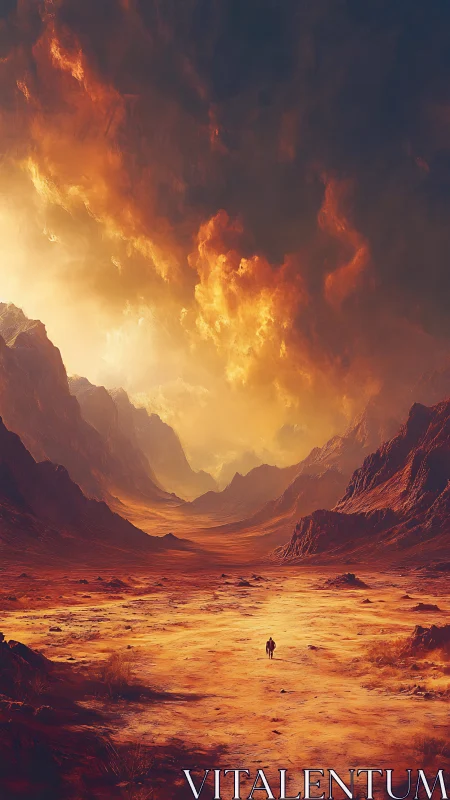 Lone wanderer strides beneath a storm-forged sunset sky.