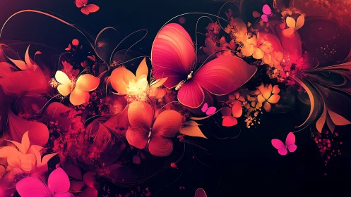 Radiant neon butterflies drift across a glowing floral dream.