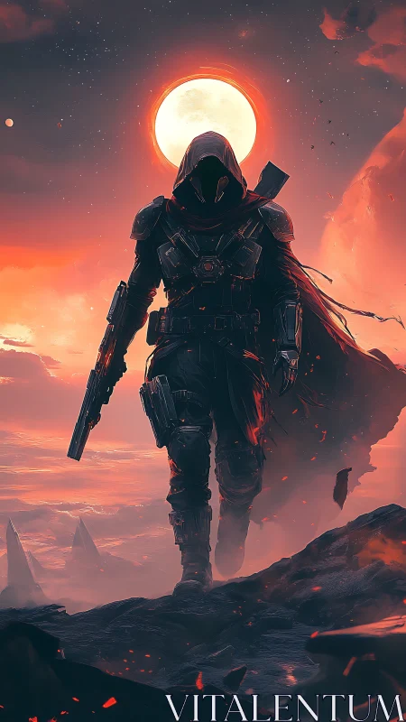 Lone dusk wanderer crossing a burning sci fi horizon.