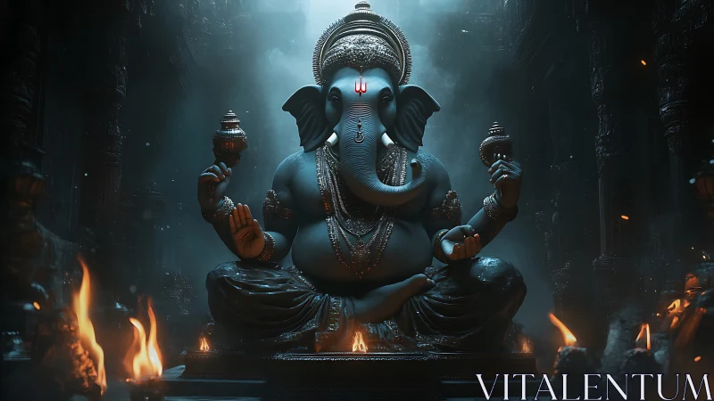 Majestic blue Ganesha idol glows amid temple firelight.