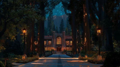 Forest manor facade at night with lamplit approach and stars