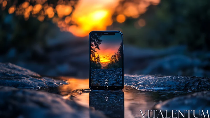 Smartphone framing river sunset with cinematic depth-of-field