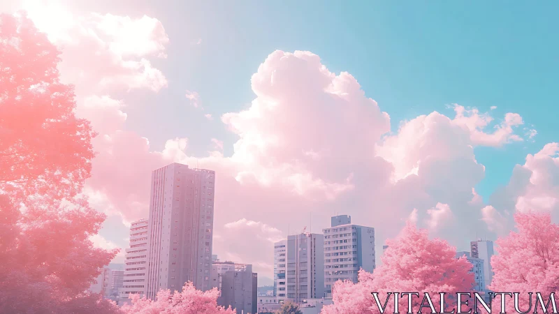 Pink city skyline under pastel clouds and turquoise sky.