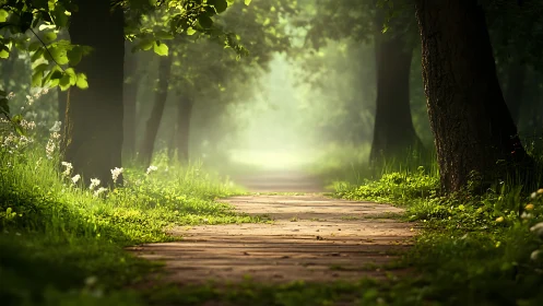Sunlit Forest Pathway in Lush Greenery, Tranquil Nature Scene.