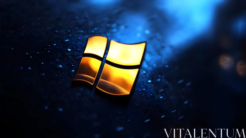 Glowing Windows Logo on Dark Wet Surface, Futuristic Digital Art.