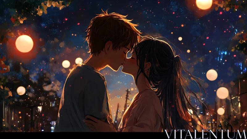 Soft evening kiss glows under lantern lights and starry skies
