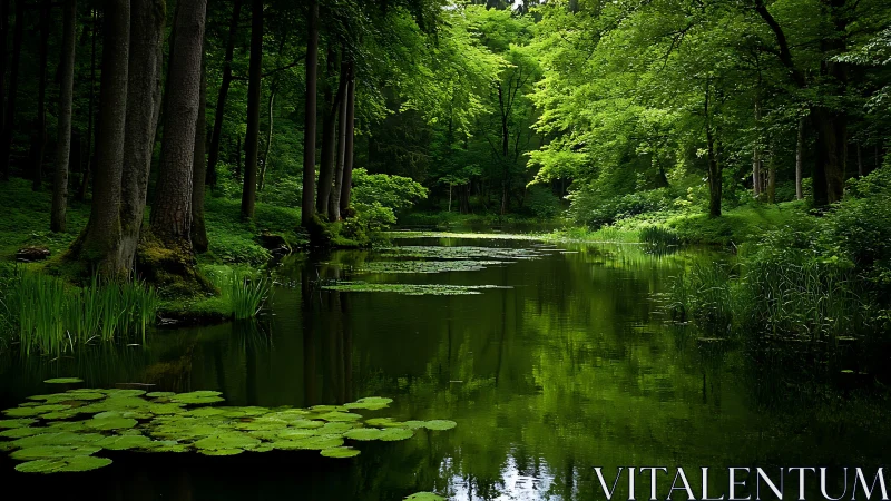 Sunlit forest pond rests in deep green reflective silence