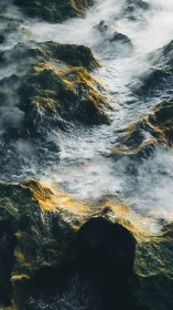 Whispering fog braids through sunlit moss mountains