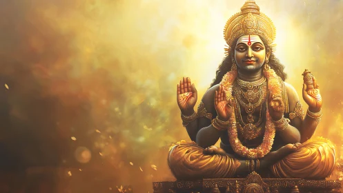 Radiant four-armed deity sits in golden celestial aura