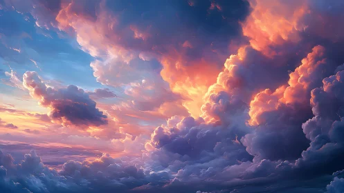 Luminous storm clouds igniting a digital fantasy sunset sky.