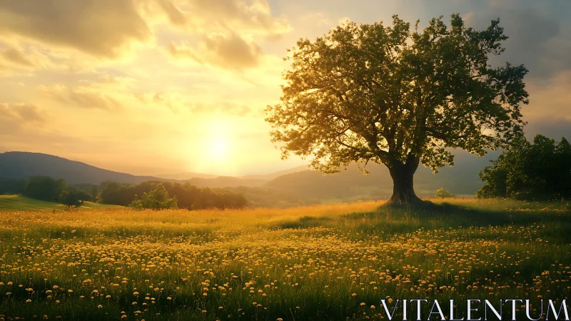 Lone meadow tree crowned by golden sunset over wild blooms.